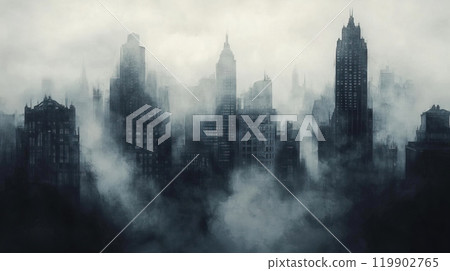 Misty Cityscape Urban Shadows Covered and Enveloped in a Deep, Thick Fog with an Eerie Atmosphere 119902765