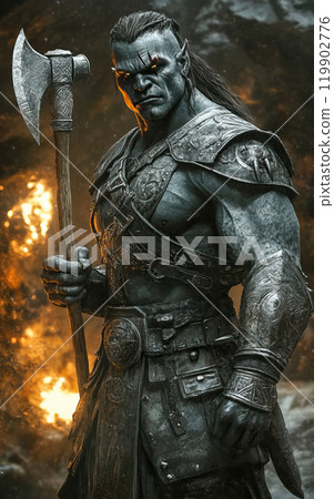 A Fierce Orc Warrior clad in Enchanted Armor prepares for an epic battle in a dark realm 119902776
