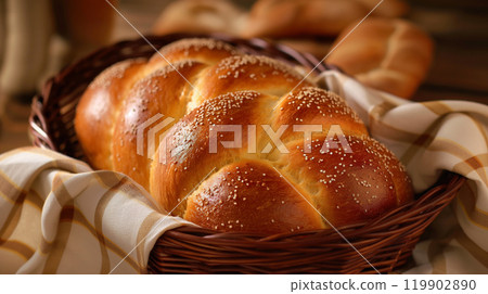 用籃子和布包裹的蓬鬆麵包 119902890