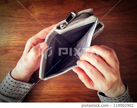 一位老婦人的手打開桌上的空錢包 119902902
