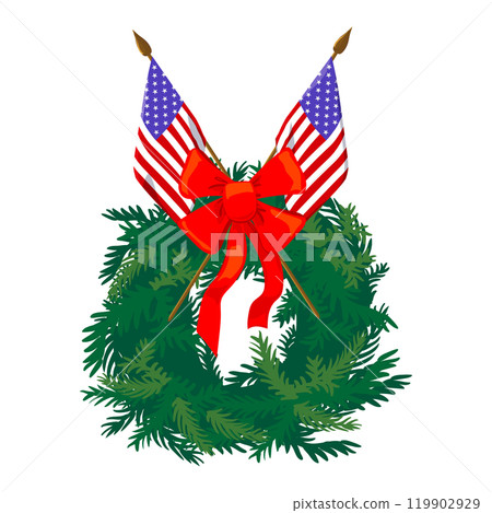 Decoration for National Wreath through America Day. Vector wreath of evergreen branches and US flags. Traditional memorial day for heroes at the national cemetery in December. Vector illustration. Decoration for National Wreath through America Day. Vector wreath of evergreen branches and US flags. Traditional memorial day for heroes at the national cemetery in December. Vector illustration. 119902929