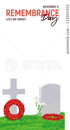 Vertical banner for ANZAC Day, April 25, 2025. White marble gravestone and cross on green grass, wreath of red poppies. Memorial date in Australia and New Zealand. Flat style vector. 119902935