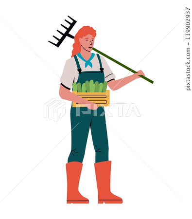 Agriculture worker. Farmer with rake and harvest box. Gardening tool. Happy woman holding vegetables crate. Gardener planting and growing food products. Rural work. Vector garden person 119902937