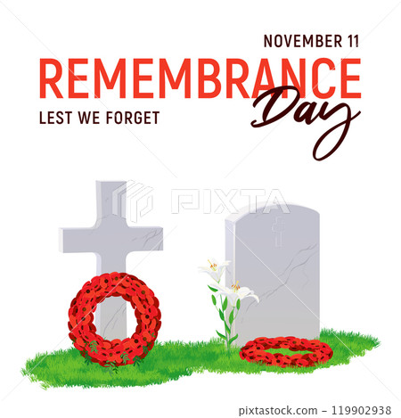 White marble gravestone and cross on green grass, wreath of red poppies. The grave is decorated for ANZAC Day, April 25, 2025. Commemorative date in Australia and New Zealand. Vector in flat style. 119902938