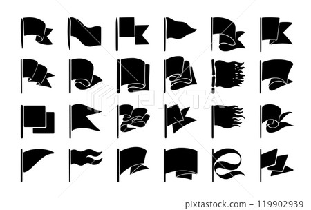 Flag icon. Waving pennant, pole event banner. Map symbol, small shape sign. Flagpole for web game place. Pennants, textile signs and waving fabric. Black silhouette. Vector isolated design 119902939