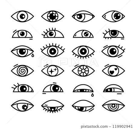Eye icon. Close, open silhouette with abstract line shape, eyeball and eyelash symbol. Simple black and white design for health, vision concept. Ophthalmologist symbol. Vector pictogram isolated set Eye icon. Close, open silhouette with abstract line shape, eyeball and eyelash symbol. Simple black and white design for health, vision concept. Ophthalmologist symbol. Vector pictogram isolated set 119902941