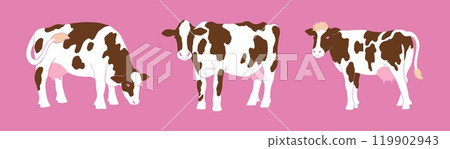 Cute cow. Farm cattle animal, dairy milk doodle, calf character. Happy color head, funny agriculture pet, hand drawn contemporary mammal. Vector flat icons, cartoon flat isolated illustration 119902943