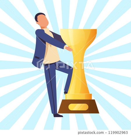 Businessman with winner prize. Man with golden cup, leader in competition or goal achieve. First place in sport. Happy character. Vector cartoon flat style isolated illustration concept Businessman with winner prize. Man with golden cup, leader in competition or goal achieve. First place in sport. Happy character. Vector cartoon flat style isolated illustration concept 119902963