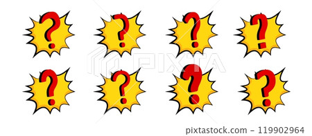 Cartoon question marks in red and yellow for alerts and riddles. Cartoon question marks in red and yellow for alerts and riddles. 119902964