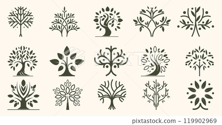 Tree logo. Oak wood icon. Modern forest park of nature green leaf. Environment emblem. Eco fir branch. Lumber trunk symbol. Silhouette botanical element. Vector timber pictograms set 119902969