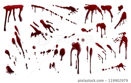 Blood drip. Halloween drop, stain or paint splatter, red flow bloodstain. Horror splash, scary bleeding, liquid spatter texture. Abstract dirt on wall or floor, ink blotch. Vector isolated set Blood drip. Halloween drop, stain or paint splatter, red flow bloodstain. Horror splash, scary bleeding, liquid spatter texture. Abstract dirt on wall or floor, ink blotch. Vector isolated set 119902979