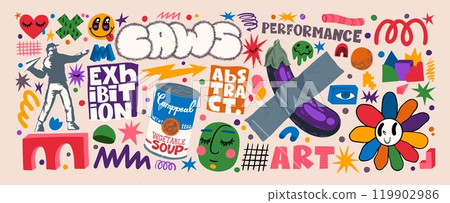 Art poster. Modern magazine paint graphic for music culture. Contemporary artwork exhibition. Creative future geometric for newspaper. Abstract letterings. Vector design background Art poster. Modern magazine paint graphic for music culture. Contemporary artwork exhibition. Creative future geometric for newspaper. Abstract letterings. Vector design background 119902986