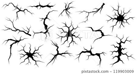 Broken wall. Rock crack texture effect, break ground or egg cleft. Earth logo split, black and white concrete rough destruction. Earthquake isolated silhouette. Damaged road. Vector flat set 119903009