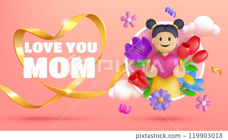 3D bouquet. Mother s Day card. Love mom. Cute render flowers. Happy smile. Girl hugging pink heart. Spring blossoms and clouds. Holiday festival. Paper miniature. Vector cartoon poster 3D bouquet. Mother s Day card. Love mom. Cute render flowers. Happy smile. Girl hugging pink heart. Spring blossoms and clouds. Holiday festival. Paper miniature. Vector cartoon poster 119903018