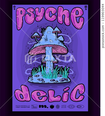 Mushroom print. Trippy groovy graphic art with psychedelic hippy slogan. 1970s vintage sticker. Psilocybin fungus. Surreal nature. Hallucination toadstool. Vector design funky banner Mushroom print. Trippy groovy graphic art with psychedelic hippy slogan. 1970s vintage sticker. Psilocybin fungus. Surreal nature. Hallucination toadstool. Vector design funky banner 119903044