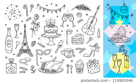 Dinner icons. Holiday food. Flower decoration for birthday celebration. Shopping for party gifts. Wedding sweet cake and champagne wine glasses. Woman accessory. Vector line elements set 119903046