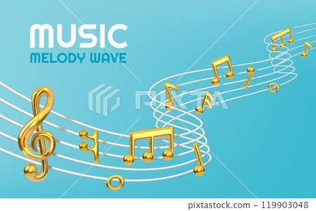 Music background. Song notes. Melody sound or guitar sing. Musical wave symbols. Piano acoustic and media speaker. Golden contest sign. Glossy metallic treble clef. Vector banner design 119903048