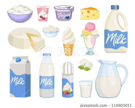 Milk and yogurt set. Dairy product bottle, cheese and cream, fresh butter and yoghurt in cup or glass. Gourmet farm dessert with sour cream. Healthy nutrition food. Vector icon isolated set Milk and yogurt set. Dairy product bottle, cheese and cream, fresh butter and yoghurt in cup or glass. Gourmet farm dessert with sour cream. Healthy nutrition food. Vector icon isolated set 119903051