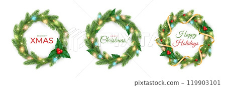 New year garland. 3d light gift, merry xmas wreath frame for happy noel card, ornament party banner. Realistic isolated elements. Botanical branch with lamps. Vector background template New year garland. 3d light gift, merry xmas wreath frame for happy noel card, ornament party banner. Realistic isolated elements. Botanical branch with lamps. Vector background template 119903101