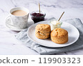 Cream tea with scones, afternoon tea, milk tea, marble background 119903323