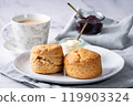 Cream tea with scones, Afternoon tea, Milk tea, Marble background 2 119903324