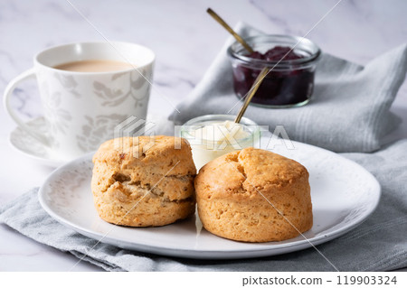 Cream tea with scones, Afternoon tea, Milk tea, Marble background 2 Cream tea with scones, Afternoon tea, Milk tea, Marble background 2 119903324