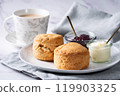 Cream tea with scones, Afternoon tea, Milk tea, Marble background 3 119903325