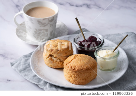 Cream tea with scones, Afternoon tea, Milk tea, Marble background 4 119903326