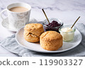 Cream tea with scones, afternoon tea, milk tea, marble background 5 119903327