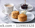 Cream tea with scones, afternoon tea, milk tea, marble background 6 119903328