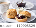 Cream tea with scones, Afternoon tea, Milk tea, Jam on top, Marble background 7 119903329