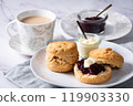 Cream tea with scones, afternoon tea, milk tea, jam on marble background 119903330