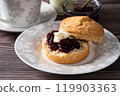 Cream tea with scones, afternoon tea, milk tea, jam on top, close-up 119903363
