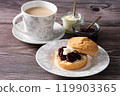 Cream tea with scones, Afternoon tea, Milk tea, Jam on top, Close-up, Wood background 119903365