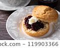 Cream tea with scones, afternoon tea, milk tea, jam on top, close-up 2 119903366