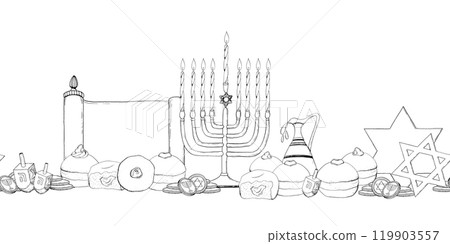 Hanukkah holiday symbols black and white vector seamless border with menorah, candles, donuts, jug of olive oil, coins and Torah scroll. Jewish winter celebration banner template Hanukkah holiday symbols black and white vector seamless border with menorah, candles, donuts, jug of olive oil, coins and Torah scroll. Jewish winter celebration banner template 119903557