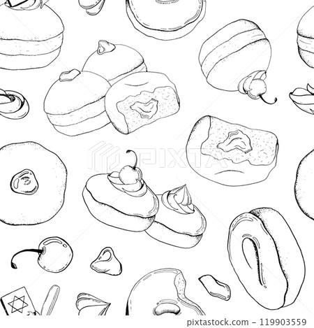 Hanukkah donuts vector seamless pattern in black and white for for Jewish winter holiday coloring pages and books. Hand drawn sufganiyot doughnuts background for festive packages and warping paper Hanukkah donuts vector seamless pattern in black and white for for Jewish winter holiday coloring pages and books. Hand drawn sufganiyot doughnuts background for festive packages and warping paper 119903559