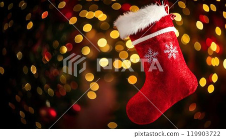 有雪花、樹和華麗的散景燈背景的聖誕襪 119903722