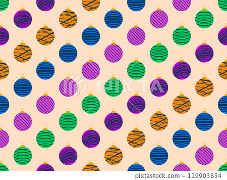 Seamless pattern with Christmas balls with striped pattern. Christmas ornaments, each decoration is decorated with stripes. Xmas design for wrappers, covers, banners and posters. Vector illustration 119903854