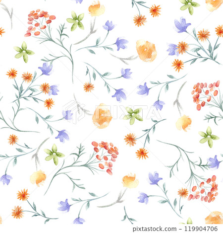 Delicate watercolor seamless pattern of flowers, herbs soft orange, blue colors isolated. Abstract meadow blooms on repeated texture hand painted. Simple botanical background for textile, paper. Delicate watercolor seamless pattern of flowers, herbs soft orange, blue colors isolated. Abstract meadow blooms on repeated texture hand painted. Simple botanical background for textile, paper. 119904706