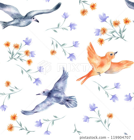 Birds and flowers watercolor seamless pattern isolated. Floral repeated background with flying birds in blue orange colors hand painted. Colorful birds and simple blooms design pattern for textile. Birds and flowers watercolor seamless pattern isolated. Floral repeated background with flying birds in blue orange colors hand painted. Colorful birds and simple blooms design pattern for textile. 119904707