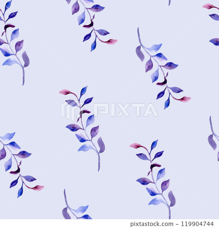 Blue curvy branches with leaves watercolor seamless pattern isolated. Purple pink liana on repeating background. Abstract colorful twigs hand drawn. Botanical pattern for design textile, package. 119904744
