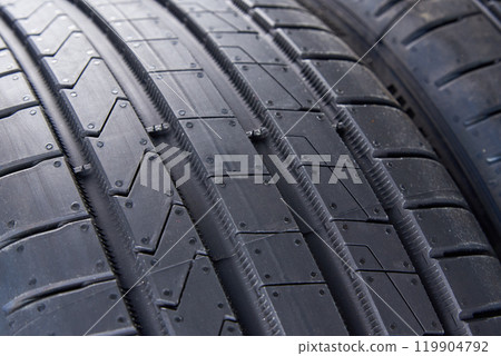 Detailed close up of tread pattern on new summer car tire 119904792