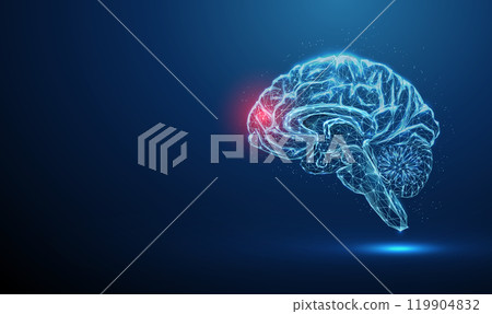 Abstract blue brains with red spot. Brains deseases, medical treatment and pharmacy concept. Low poly style. 119904832