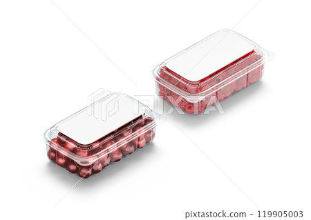 Blank transparent plastic box with raspberry and cherry mockup, isolated 119905003
