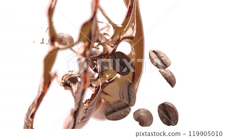 Coffee beans falling splash mockup, depth of field Coffee beans falling splash mockup, depth of field 119905010