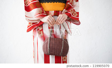 女人浴衣或和服的手和包,正面特寫,沒有臉 女人浴衣或和服的手和包,正面特寫,沒有臉 119905070