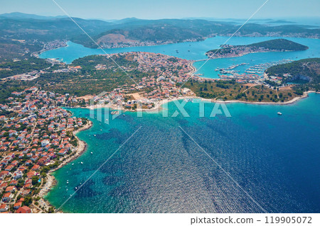 Islands in sea covered with lush greenery, aerial view. Rogoznica, Croatia Islands in sea covered with lush greenery, aerial view. Rogoznica, Croatia 119905072
