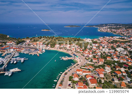 Islands in sea covered with lush greenery, aerial view. Rogoznica, Croatia Islands in sea covered with lush greenery, aerial view. Rogoznica, Croatia 119905074