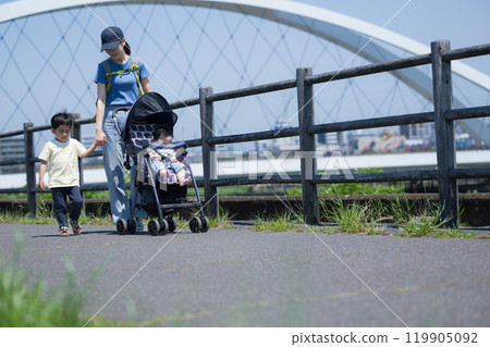 一位母親和她的兄弟姊妹(一家三口)推著嬰兒車在陽光明媚的河濱公園散步,手牽手進行春夏郊遊 一位母親和她的兄弟姊妹(一家三口)推著嬰兒車在陽光明媚的河濱公園散步,手牽手進行春夏郊遊 119905092